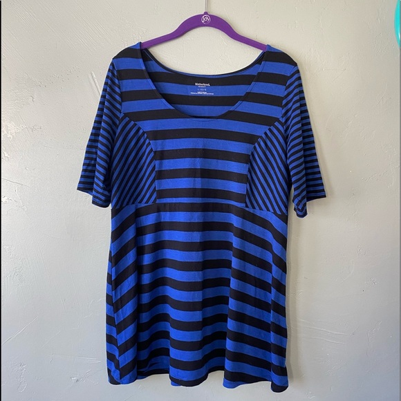 Motherhood Maternity, blue and black striped babydoll top, size Large - Picture 2 of 4